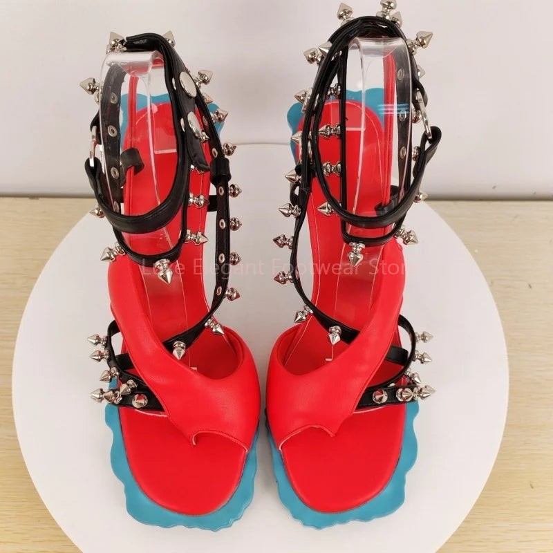 Patchwork Rivets Flower Sole Stiletto Sandals Women Open Toe Buckle Strap High Heels Fashion Trendy Party Catwalk Ladies Shoes