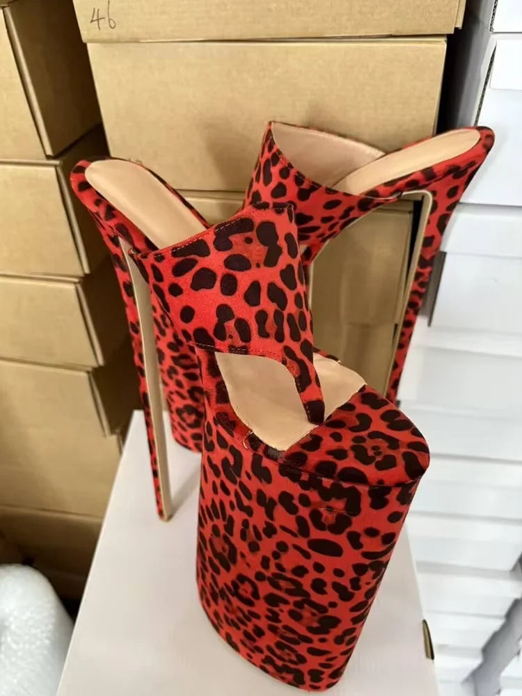 Leopard Slip On Hollow Platform Sandals Pointed Toe Thin High Heel Fashion Summer Casual Big Size Woman Shoes Zapatillas Mujer