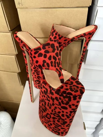 Leopard Slip On Hollow Platform Sandals Pointed Toe Thin High Heel Fashion Summer Casual Big Size Woman Shoes Zapatillas Mujer