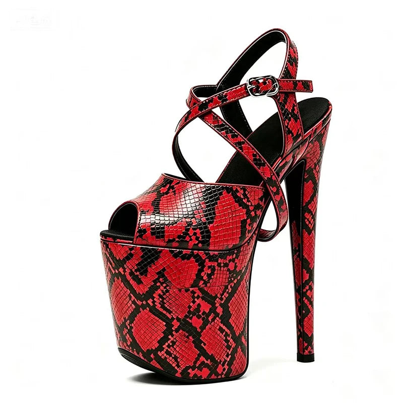 2026 Summer Sexy Runway Shoes Peep Toe Snakeskin Pattern Sandals For Woman 20CM Super High Thin Heels Nightclub Platform Sandals