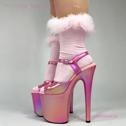 Pink Iridescent Shiny Fuchsia Sandals 20cm Pole Dancers 8 Inch Round Toe Platform Stiletto Heel Open Buckle Pump Stage Shoes