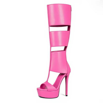 Super Platform Knee Sandal Boots Women Caged Thick T-Strap Gladiator Open Toe Back Zipper Summer Cutout Botas Lady Shoes