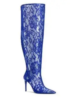 Summer Woman Black Blue Red Lace Clear PVC Air Mesh Pointed Toe 10 12 CM Thin Heels Over The Knee Boots Female Sexy Thigh Boots