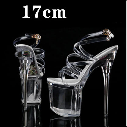 Stripper Heels Women Sandal Female Model T Station Catwalk Sexy Crystal Transparent Shoes High Heels Waterproof Head Sandals