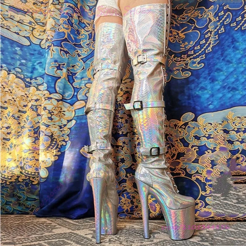 Silver Glossy Crocodile Patterned Glitter Thigh Boots 20cm 8 Inch Platform Women Pole Dance Buckle Zip Lace Up Bling Shiny Shoes