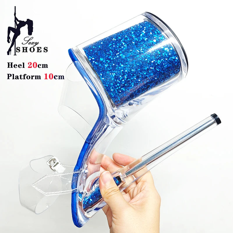 20CM/8inche Exotic Stripper High Heel Sandals Transparent Upper Glitter Stiletto Heels Pole Dancing Women Shoes Sequin Platform