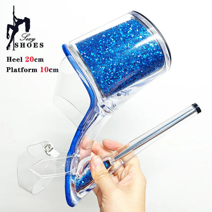 20CM/8inche Exotic Stripper High Heel Sandals Transparent Upper Glitter Stiletto Heels Pole Dancing Women Shoes Sequin Platform