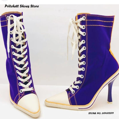 Women's Sports Style Sneaker Booties Spring Autumn Trending Street Style Shoes Pointed Toe Thin High Heels Lace-up Ankle Boots