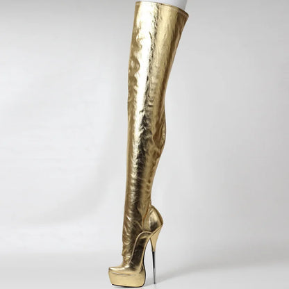 Women Thigh High Boots,Sexy 21cm Stiletto Metal Heel,Platform Long Botas,Unisex Pole Dancing Shoes,Side Zip,Gold,Custom Colors