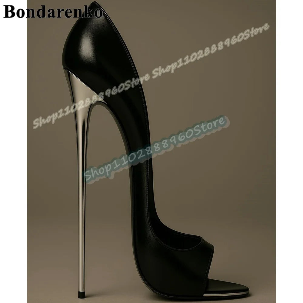 Sexy Black Glossy Leather Shallow Pumps Super High Heel Shoes For Women Slip On Peep Toe Gorgeous Banquet Zapatos Para Mujere