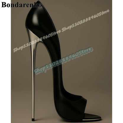 Sexy Black Glossy Leather Shallow Pumps Super High Heel Shoes For Women Slip On Peep Toe Gorgeous Banquet Zapatos Para Mujere
