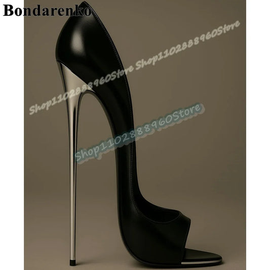 Sexy Black Glossy Leather Shallow Pumps Super High Heel Shoes For Women Slip On Peep Toe Gorgeous Banquet Zapatos Para Mujere
