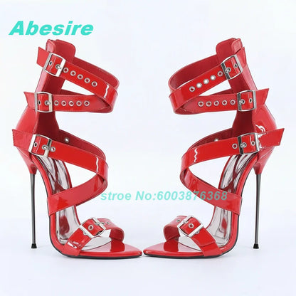 Multi Belt-Buckles Cross-Tied Sandals Peep Toe Thin Heels Patent-Leather Shoes for Women Back Zipper Sexy Party Street Shoes New