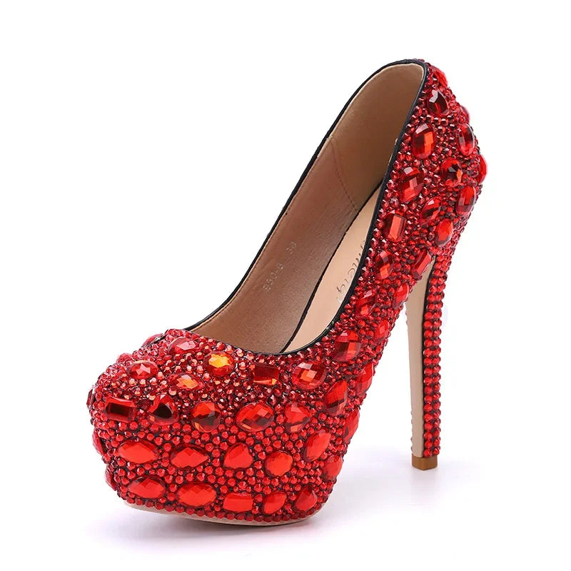 Sexy Fashion Women's Pumps Rhinestone Platform Wedding PU 14CM Thin Heels Round Toe Shallow Party Blue Pole Dancing Woman Shoes
