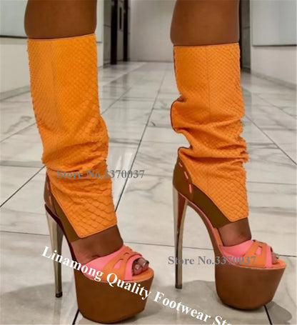Linamong Sexy Printed Leather High Platform Thin Heel Knee High Boots Patchwork Cut-out Stiletto Gladiator Long Boots