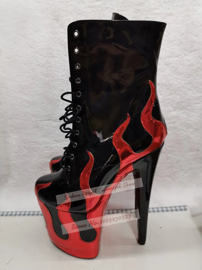 Sky High 20cm Stiletto Heels Pole Dancing Shoes Hologram Iridescent Red Fire Shaped Patchwork Ankle Boots Platform Lace-Up
