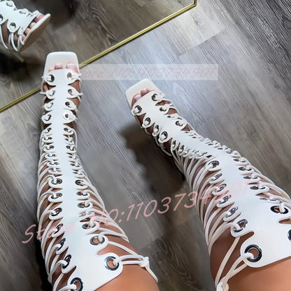 Cross Strap Knee High Sandals Women Fashion Gladiator Square Open Toe Lace-up White Shoes Lady Party Stiletto High Heels Sandals