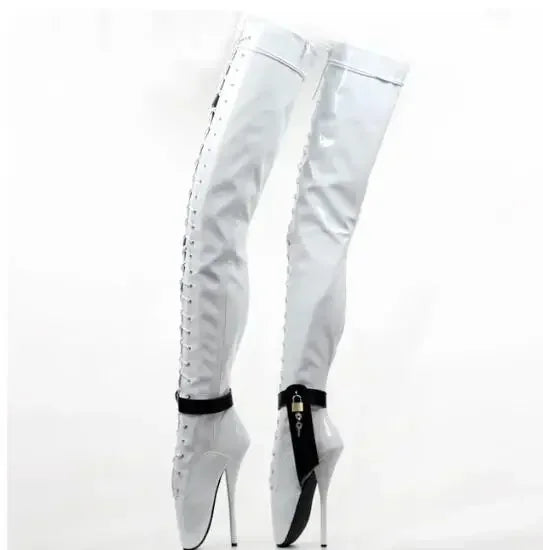 18CM/7 Inch Women Thigh High Ballet Boots,Sexy Pole Dancing Shoes,Men Cosplay Fetish Corset Dominatrix,Black,White,Silver,Big