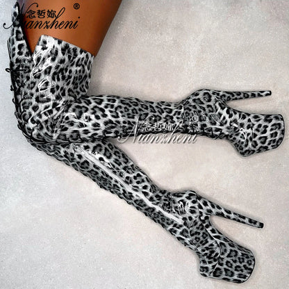 Fetish Shoes 20cm High Heels Sexy Leopard Print Round Toe Strip Pole Dance Exotic 7Inch Over The Knee Boots Crossdress Gothic
