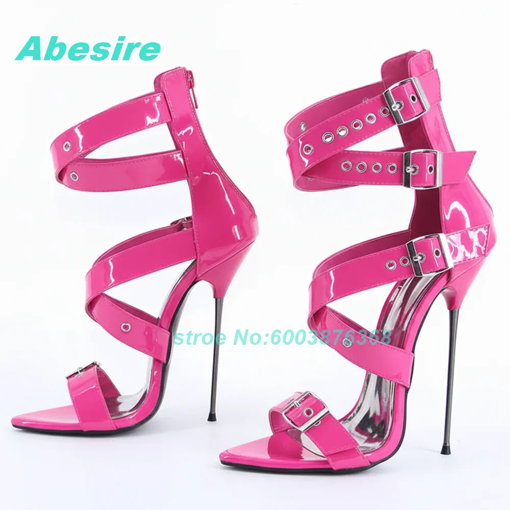 Multi Belt-Buckles Cross-Tied Sandals Peep Toe Thin Heels Patent-Leather Shoes for Women Back Zipper Sexy Party Street Shoes New