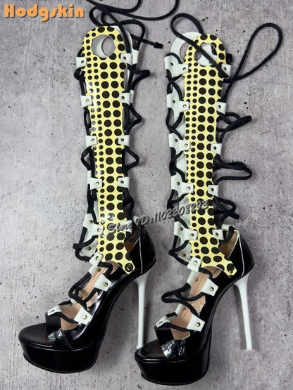 Retro Yellow Patchwork Stilettos Sandals Polka Dot Peep Toe Cross-tied Knee-high Heels 2025 Summer Fashion Women Roman Shoes