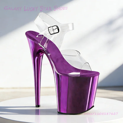 Glitterati Pole Dance Sandals Mirrored Metallic Shine Sexy Stage Shoes 8 inches/20cm Platform Heel Rose Red Open Girl Slingback