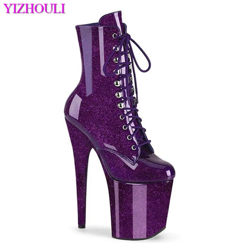 Sparkly material ankle boots, 20 cm high heels pole dancing thick platform sexy nightclub runway boots