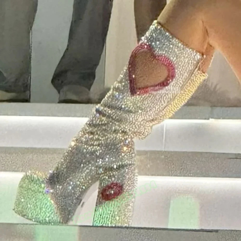 Crystal Bling New Boots Round Toe Thick Sole Platform Knee High Boots Chunky High Heels Sweet Heart Studded Women Sexy Shoes