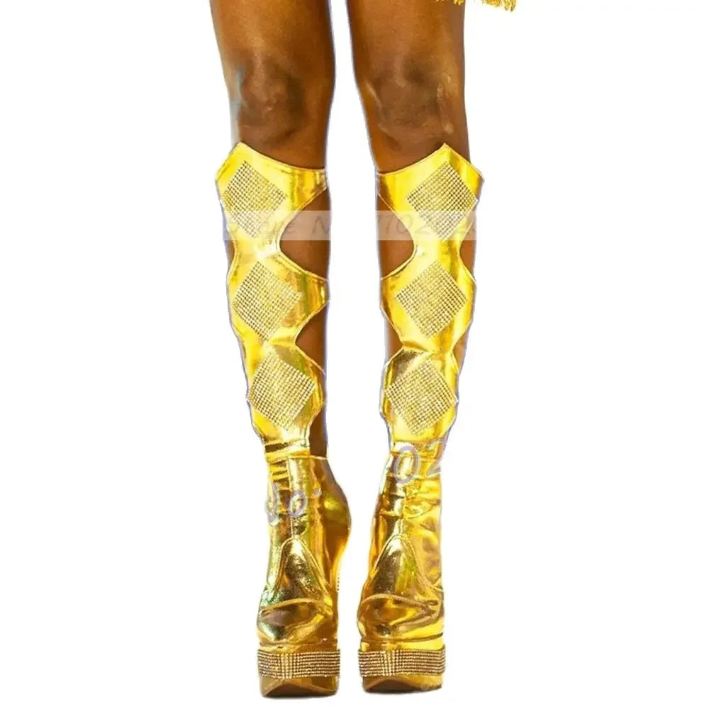 Gold Patent Platform Long Boots Women Crystal Cross Strap Sparkly Party Block Heels Shoe Ladies Cutout Peep Toe Cool Dance Boots