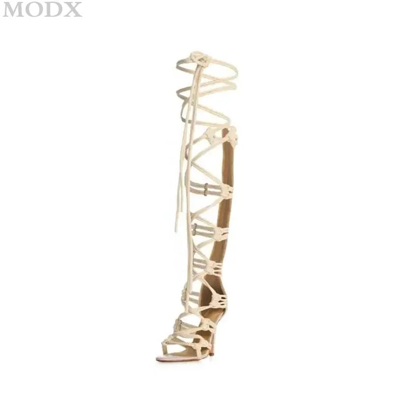 Cut-outs Thin High Heels Knot Rope Designer Knee High Sandals Boots Sexy Ankle Wrap Cross Strap Stiletto Gladiator Sandal Women