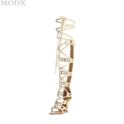 Cut-outs Thin High Heels Knot Rope Designer Knee High Sandals Boots Sexy Ankle Wrap Cross Strap Stiletto Gladiator Sandal Women
