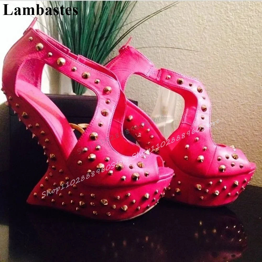 Rose Red Leather Rivet Platform Sandals Strange Style Heel Shoes For Women Back Zipper Peep Toe 2025 Fashion Zapatillas Mujer