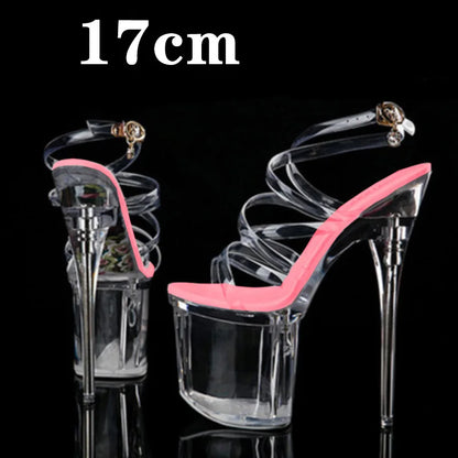 Stripper Heels Women Sandal Female Model T Station Catwalk Sexy Crystal Transparent Shoes High Heels Waterproof Head Sandals