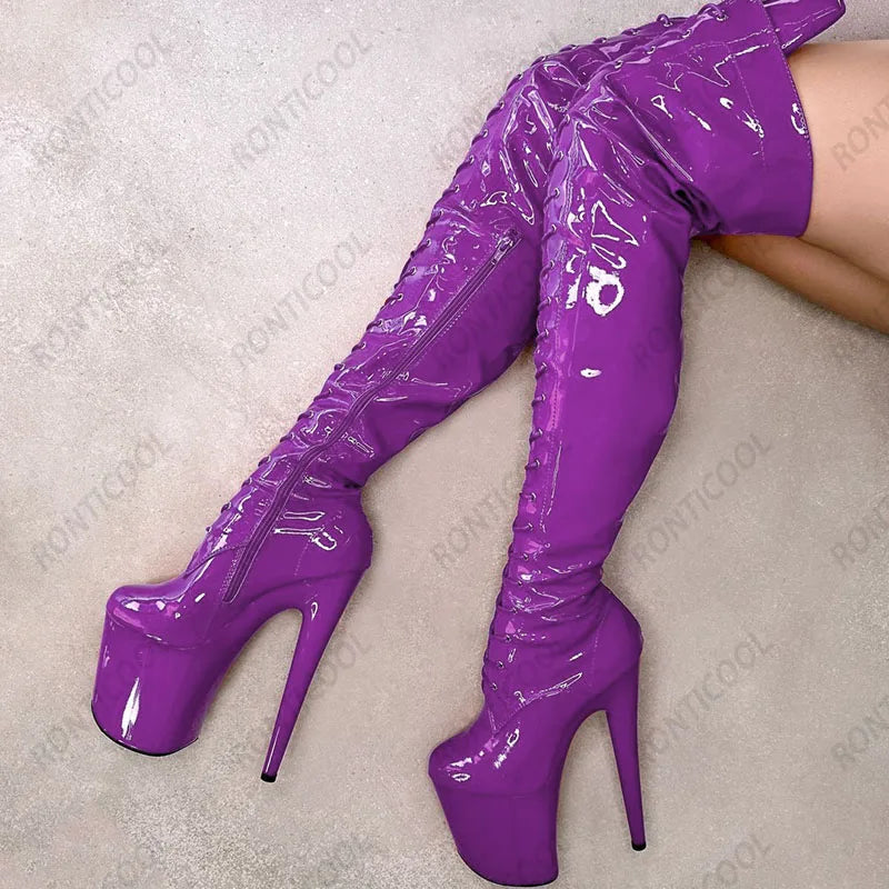 Ronticool New Women Platform Over The Knee Boots Side Zipper Stiletto Heels Round Toe Gorgeous Red Party Shoes US Size 6-12