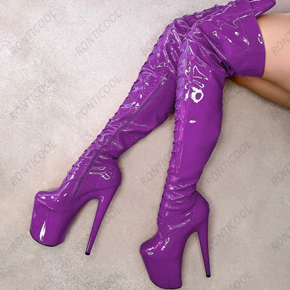 Ronticool New Women Platform Over The Knee Boots Side Zipper Stiletto Heels Round Toe Gorgeous Red Party Shoes US Size 6-12