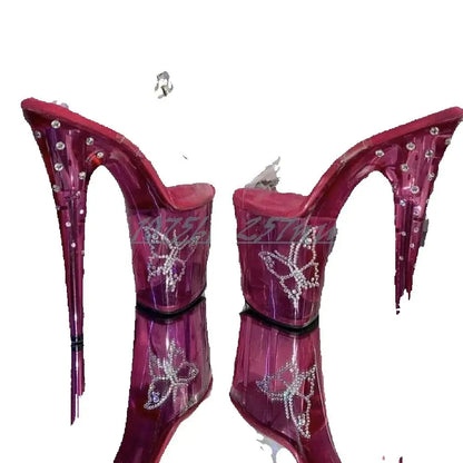 Crystals Butterfly Decor Pink Platform Slippers Stiletto High Heel Back Blingbling Crystal Mirrored Dance Shoes for Women 2026