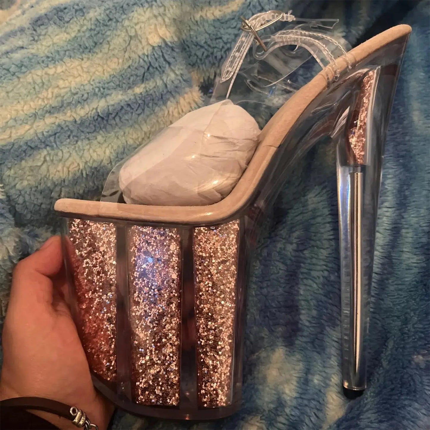 20 cm sexy transparent platform sequined decoration, 8 inch stiletto banquet nightclub shoes/pole dancing model sandals