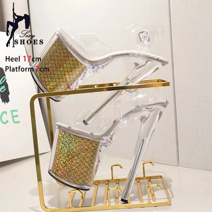 High-quality 17CM/7inches Women Sandals Stripper High Heel Shoes Transparent Platform Glitter Stiletto Pole Dance Shoes Wedding - Grande Heels