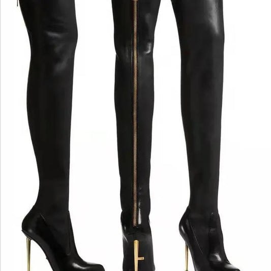 New Black Women's Boots Fashionable Solid Color Thin High Heel Metal Back Zipper Over Knee Boots for Women