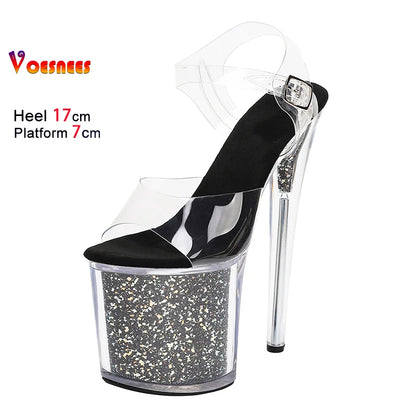 Summer New Transparent Sandals 17CM 20CM Thin Heels Women's Sequined Crystal Platform High Heels Nightclub Pole Dance Shoes 43