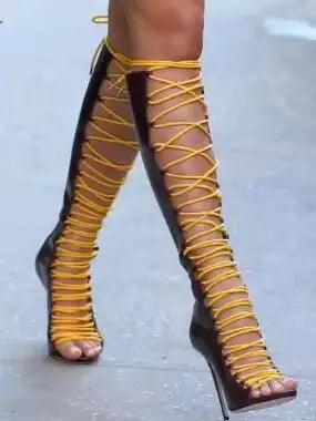 Women Yellow White Black Leather Patchwork Cross Tied Lace Up Peep Toe Thin Heels Zipper Back Gladiator Knee High Sandals Boots