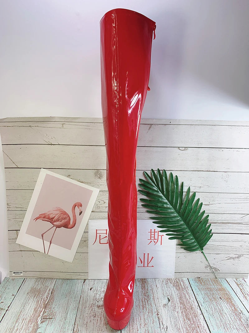 Auman Ale Night Club Party Queen Boots Over The Knee Boots High Heels Women Boots Sexy Plus Size 46 Thin Heels Shoes A-034