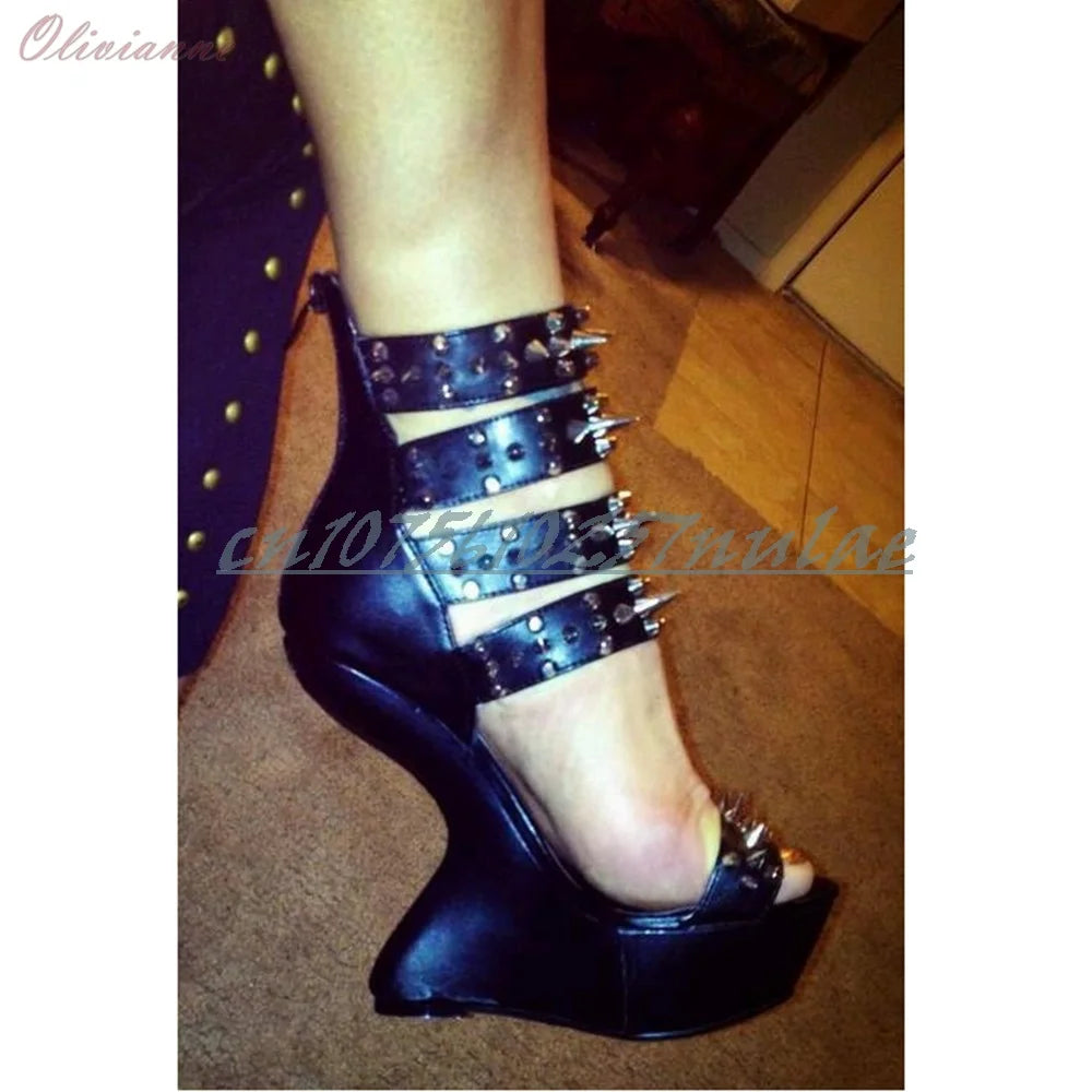Black Metal Rivets Decor Open Toe Sandals Strange Style High Heel Back Zipper Fashion Sexy Women Shoes 2025 Zapatos Para Mujere