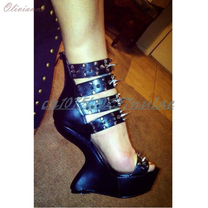 Black Metal Rivets Decor Open Toe Sandals Strange Style High Heel Back Zipper Fashion Sexy Women Shoes 2025 Zapatos Para Mujere
