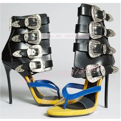 Light Luxury Metal Buckle Mid Calf Sandals Flip Flop Open Toe High Heels Stiletto Zipper Women Shoes2024 New Zapatos Para Mujere