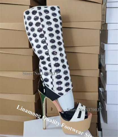 Linamong Sexy Printed Leather High Platform Thin Heel Knee High Boots Patchwork Cut-out Stiletto Gladiator Long Boots