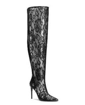 Summer Woman Black Blue Red Lace Clear PVC Air Mesh Pointed Toe 10 12 CM Thin Heels Over The Knee Boots Female Sexy Thigh Boots