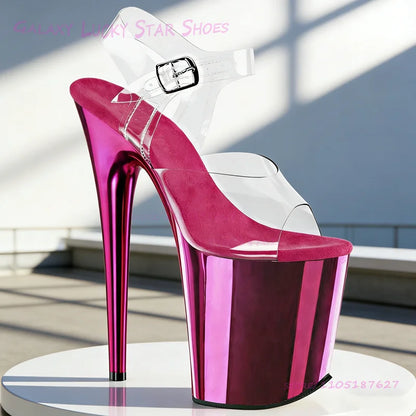 Glitterati Pole Dance Sandals Mirrored Metallic Shine Sexy Stage Shoes 8 inches/20cm Platform Heel Rose Red Open Girl Slingback