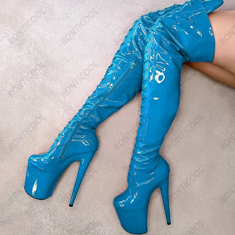 Ronticool New Women Platform Over The Knee Boots Side Zipper Stiletto Heels Round Toe Gorgeous Red Party Shoes US Size 6-12