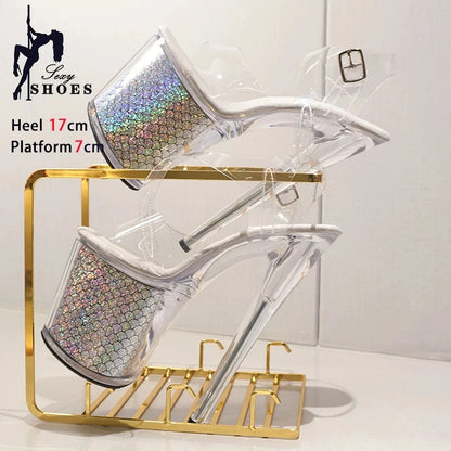 High-quality 17CM/7inches Women Sandals Stripper High Heel Shoes Transparent Platform Glitter Stiletto Pole Dance Shoes Wedding - Grande Heels